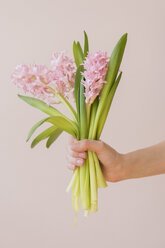 Hand einer kaukasischen Frau, die einen Strauß rosa Blumen hält - BLEF05149