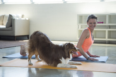 Caucasian woman and dog doing yoga stretching backs - BLEF05277