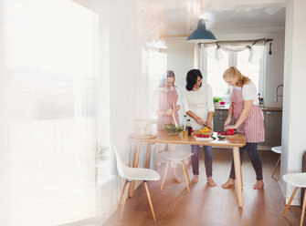 Mother and daughters standing in kitchen, preparing food, chopping vegetables - HAPF02898