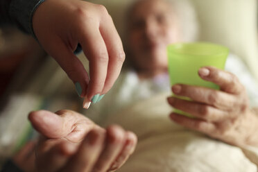 Granddaughter giving grandmother medication in bed - BLEF05680