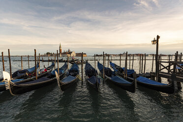 View to San Giorgio Maggiore with row of gondolas in the foreground in the evening, Venice, Italy - WPEF01552