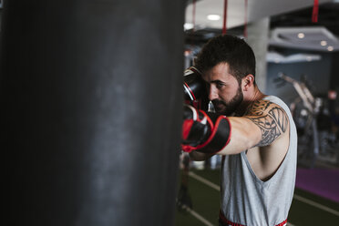 Junger Mann in Boxhandschuhen kämpft gegen Boxsack - LJF00022