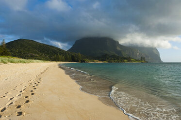 Deserted beach with Mount Lidgbird and Mount Gower in the background on Lord Howe Island, New South Wales, Australia - RUNF02179