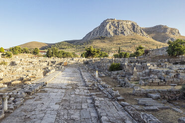 Archaeological site with Lechaion street and view on Acrocorinth, Corinth, Greece - MAMF00715