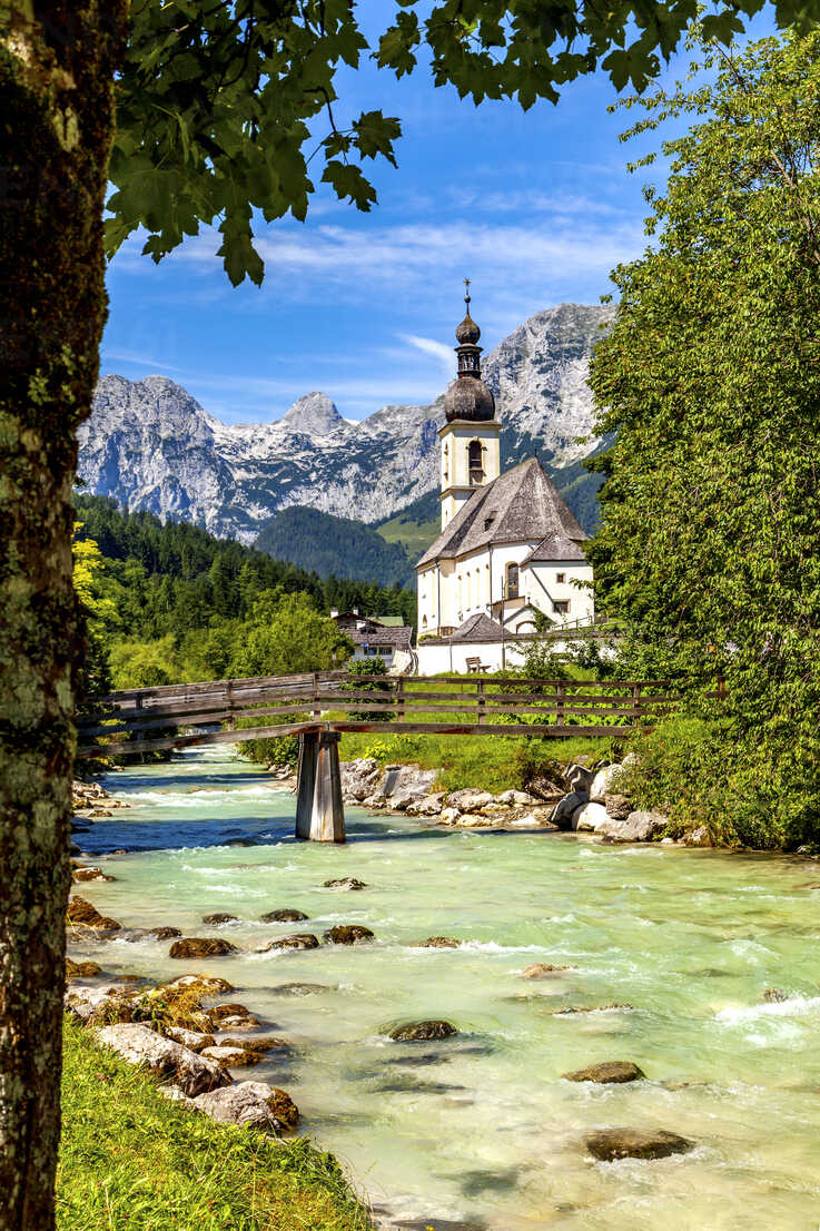 Parish church of St Sebastian Germany stock photo with mountain Ramsau, background, in Reiteralpe the