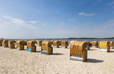 Beach with hooded beach chairs, Baltic sea seaside resort Laboe, East bank, Kieler Foerde, Schleswig-Holstein, Germany - LHF00636