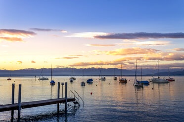 Harbour with sailing boats at sunset, Lake Constance, Wasserburg, Germany - PUF01589