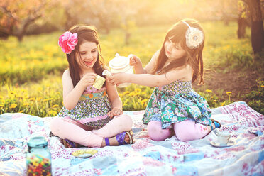 Mädchen mit Tee-Party Picknick in ländlichen Feld - BLEF05833