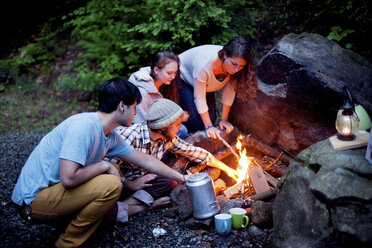 Friends roasting marshmallows over forest campfire - BLEF05883