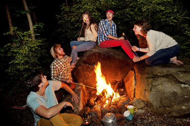 Friends roasting marshmallows over forest campfire - BLEF05884