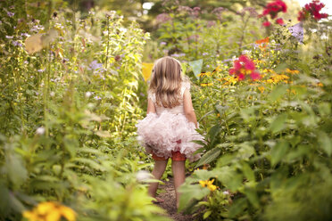 Mädchen im Rüschenkleid erforscht große Blumen - BLEF06010