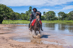 Einheimischer reitet durch das Unesco-Welterbe, Pantanal, Brasilien - RUNF02370