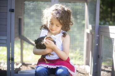 Curious girl holding chicken on farm - BLEF06358