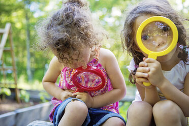 Girls examining caterpillar with magnifying glass - BLEF06371