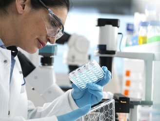 Biotech Research, Scientist viewing samples in multi well plate ready for analysis during a experiment in the laboratory - ABRF00405