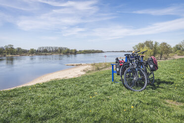 Bank mit Fahrrädern an der Elbe, Viehle, Niedersachsen, Deutschland - KEBF01248