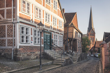 Half-timbered houses and Mary Magdalene church, Lauenburg, Schleswig-Holstein, Germany - KEBF01253