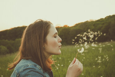 Profile of teenage girl blowing blowball - ANHF00111