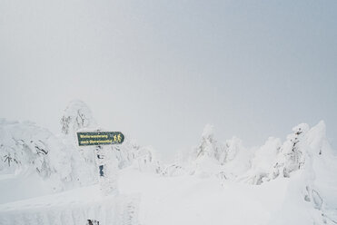 Schneebedeckter Wanderwegweiser in Winterlandschaft, Arbermandel, Erzgebirge, Deutschland - MJF02358