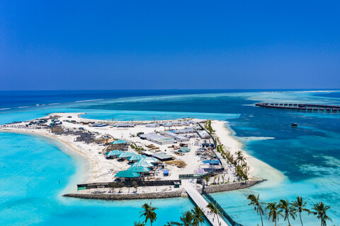 Aerial view of construction site, water bungalows, South Male Atoll, Maledives stock photo