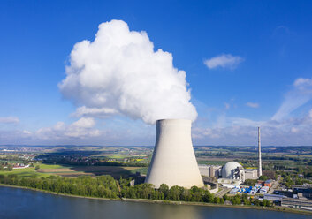 Isar Nuclear Power Plant, Niederaichbach reservoir, near Landshut, Bavaria, Germany, drone shot - SIEF08664