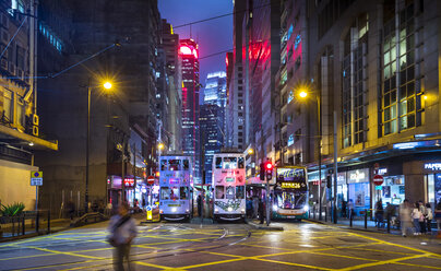 Trams in Hong Kong Central at night, Hong Kong, China - HSIF00690