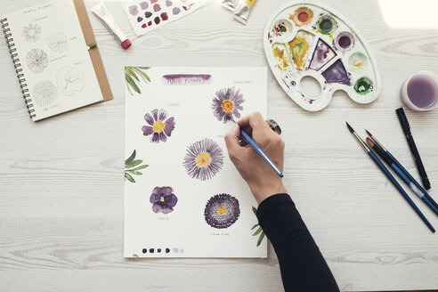 Woman painting flowers with water colors, top view - MOMF00706