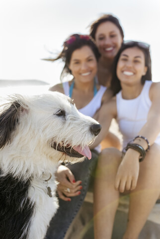 Glückliche Freundinnen mit Hund am Strand, lizenzfreies Stockfoto