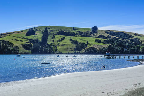 Strand in Akaroa, Akaroa Hafen, Banks Halbinsel, Südinsel, Neuseeland, lizenzfreies Stockfoto