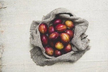 High angle close up of fresh damsons on grey cloth. - MINF11360