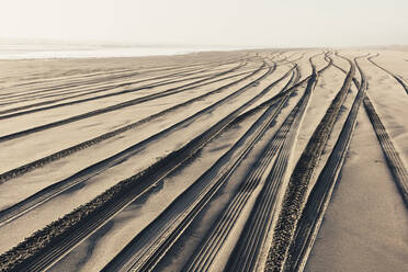 Tire tracks on the soft surface of sand on a beach. - MINF11416