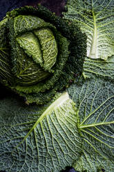 Still life, a fresh round green savoy cabbage - MINF11458