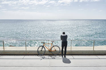 Rückansicht eines Mannes mit Fahrrad auf der Uferpromenade - JND00052
