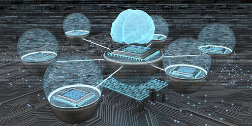 Developent of the artificial intelligence, Human brain with networked microchips, 3D Illustration - ALF00747