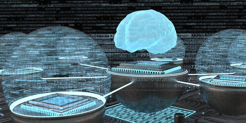 Developent of the artificial intelligence, Human brain with networked microchips, 3D Illustration - ALF00748