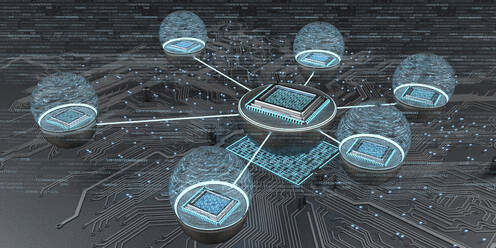 Connected microchips with circuit diagram, 3d illustration - ALF00749