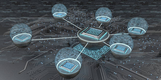 Angeschlossene Mikrochips mit Schaltplan, 3d-Illustration - ALF00749