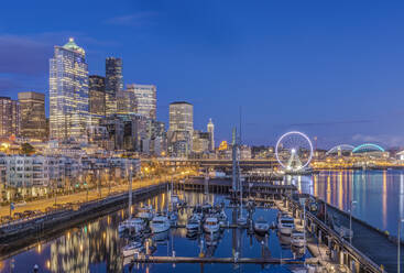 City skyline lit up at night, Seattle, Washington, United States - MINF11983