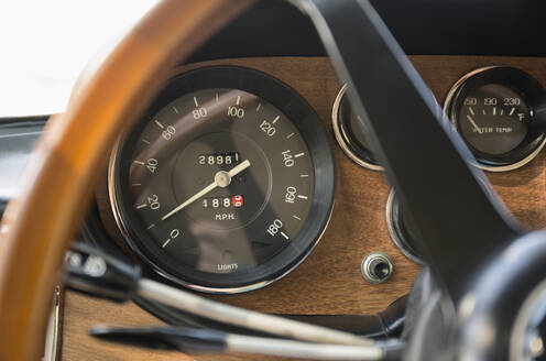 Close up of speedometer in retro Ferrari dashboard - MINF12045