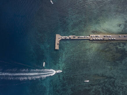 Aerial view of cars at the pier, Nusa Penida island, Bali, Indonesia - KNTF02801