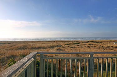 Balcony overlooking grassy field and beach - MINF12488