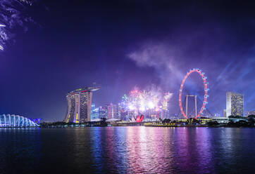 Fireworks over Singapore city skyline, Singapore, Singapore - MINF12502