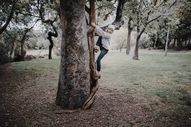Gemischtrassiges Mädchen klettert auf einen Baum im Park - BLEF07158
