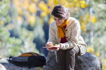 Gemischtrassige Frau liest Tagebuch auf einem Felsen - BLEF07165