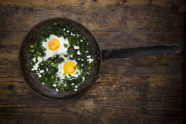 Grüne Shakshouka mit Babyspinat, Mangold, Frühlingszwiebeln und Basilikum in der Pfanne - LVF08091