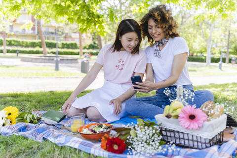 Zwei Frauen machen ein Picknick und benutzen ein Mobiltelefon im Park, lizenzfreies Stockfoto