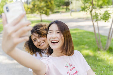 Zwei glückliche Frauen machen ein Selfie im Park - FMOF00739