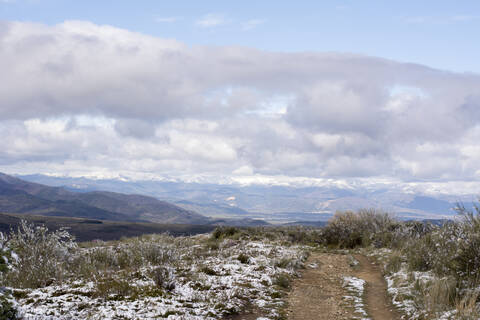 Snow at Way of St. James, near Cruz de Ferro, Spain stock photo