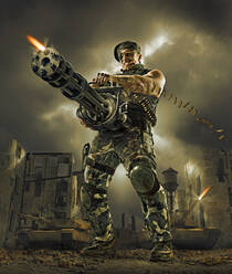 Illustration eines Soldaten, der im Freien ein Maschinengewehr abfeuert - BLEF07488