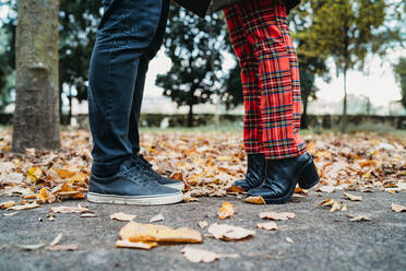 Couple face to face in autumn park, surface level view of legs - CUF51426
